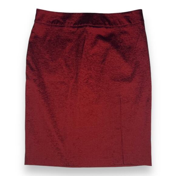 Vintage Caché Cranberry Metallic Sheen 9" Slit Pencil Skirt Stretch Size 4 - Picture 1 of 4